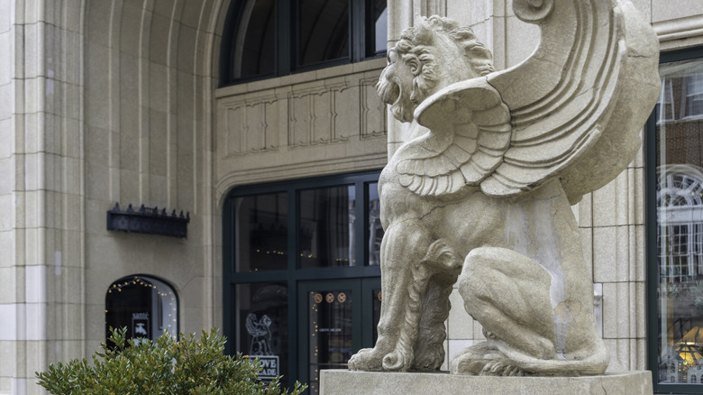 A Griffin guards at the entrance to the Grove Arcade in Asheville, North Carolina