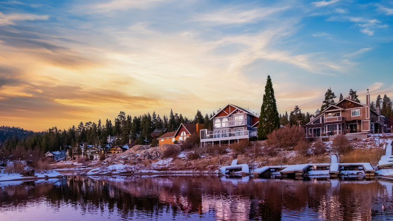 Homes at Big Bear Lake, covered in snow at sunset