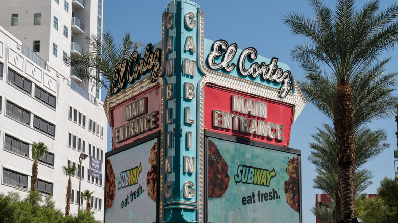 Daytime exterior signage in front of El Cortez tower, part of the hotel