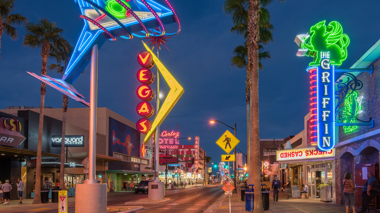 The neon lights of Old Vegas, with El Cortez in the background.