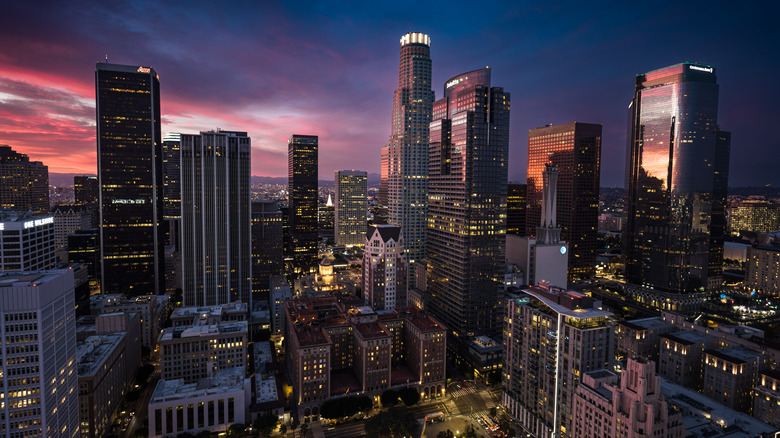 Aerial view of downtown Los Angeles at night