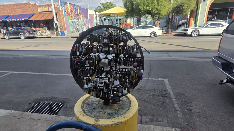 Locks of love sculpture along Fourth Avenue in Tucson, Arizona