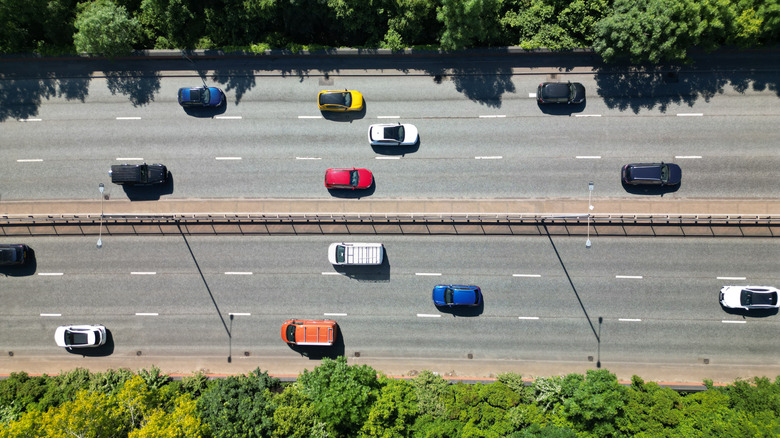 Cars driving down highway birds-eye view