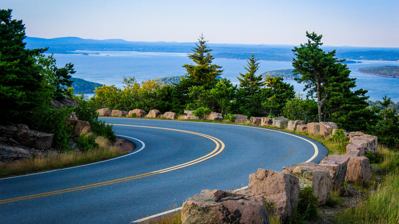 A scenic road curves around a hilltop overlooking the bay in Maine's Acadia National Park