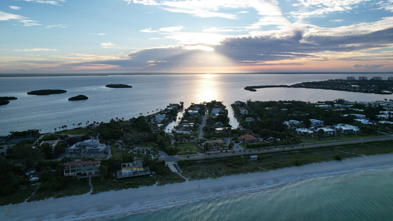 View of Longboat Key, a barrier island and coastal town on the Gulf Coast of Florida, pictured at sunrise