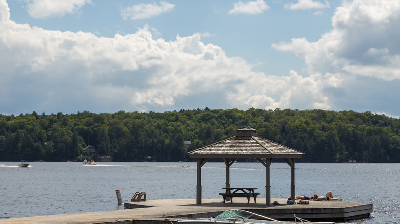 Public dock with pavilion and picnic table on Lake Rosseau on summer day.