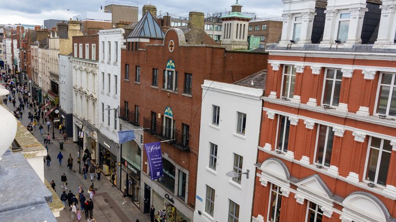 Buildings along Grafton Street, one of Dublin's main shopping streets, as seen from a rooftop.