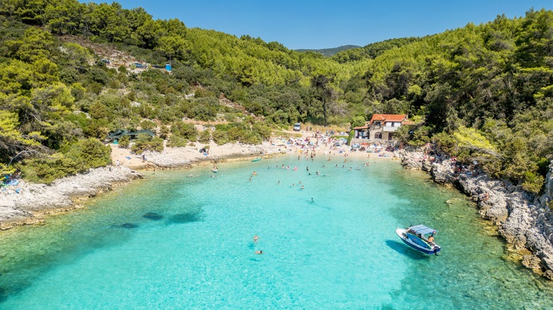 Turquoise waters of Zitna beach in Korcula, Croatia.