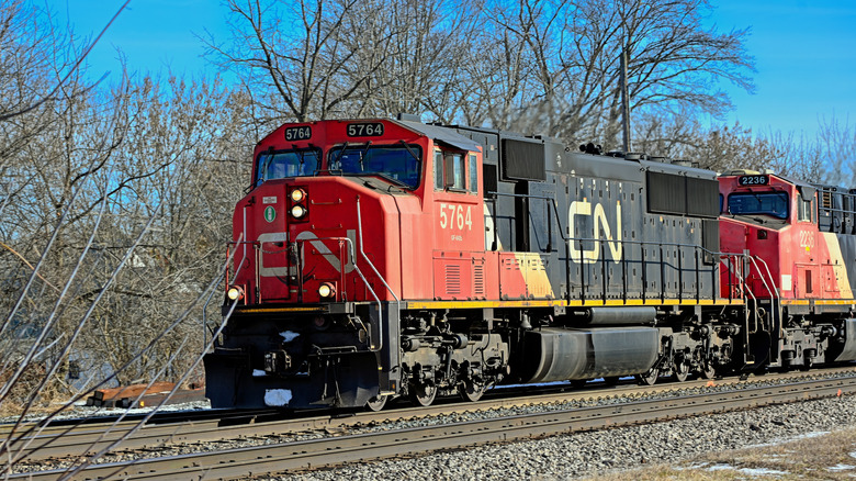 A Canadian National Railway westbound freight train passing through Durand, Michigan