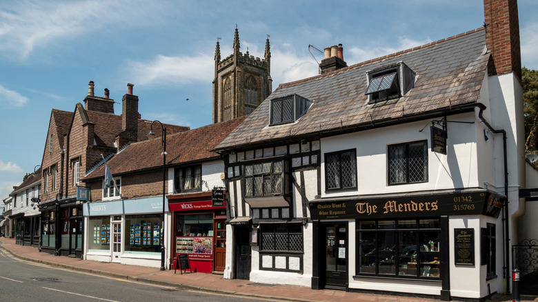 View of stores and businesses lining High Street in East Grinstead