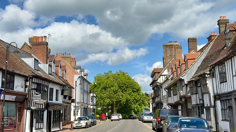 View of the half-timbered buildings lining the street in East Grinstead