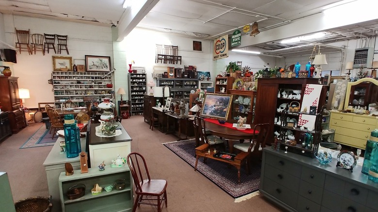 Interior view of Pickens's in Historic Downtown Fremont, Nebraska, filled with antique goods