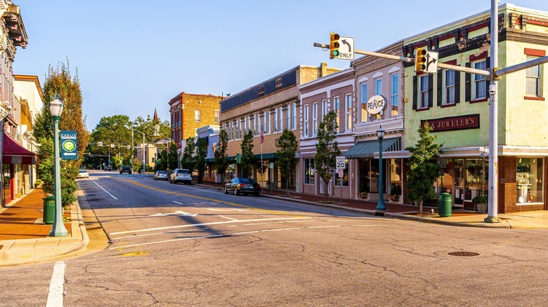 Historic brick buildings with shops and a cafe in Tarboro, North Carolina