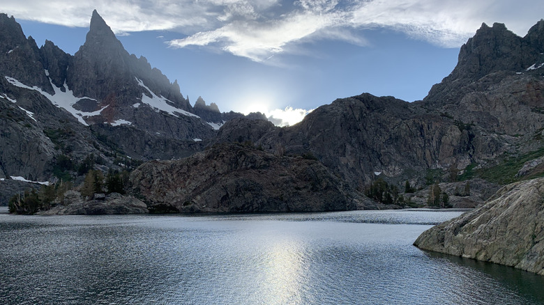 View of the Ritter Range and one of the Minarets around an alpine lake near Mammoth Lakes, California