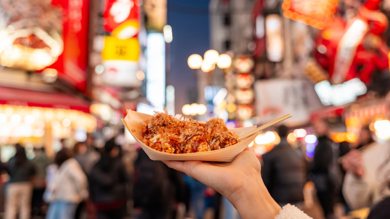 A tray of takoyaki, a street food popular in Oska