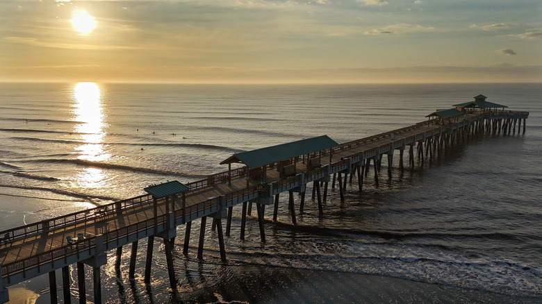 Aerial view of sunny Folly Beach Pier