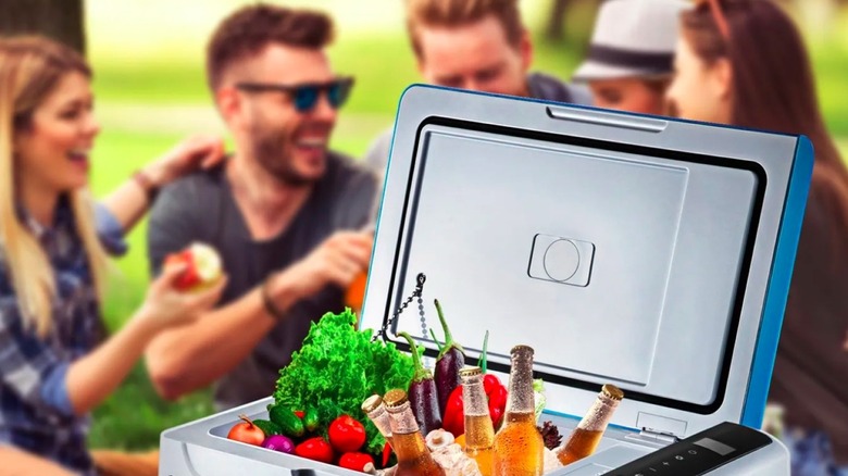 Close-up image of Vevor 22-liter portable mini-fridge in blue, filled with drinks and fruit, five friends laughing, eating, and talking in background.