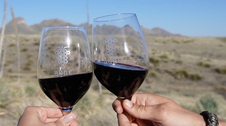 Two wine glasses half-full of red wine clinking glasses over a desert landscape at Rune Wines