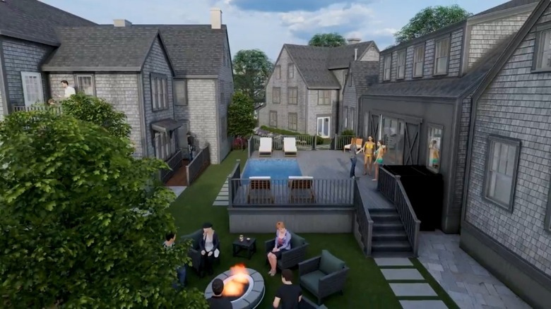 Guests gather in the center courtyard of The Brant for cocktails, swimming, and lawn games