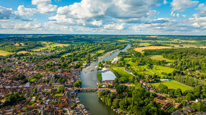 Aerial view of Henley-on-Thames and the surrounding countryside in England