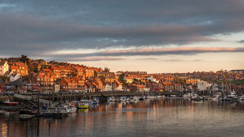 Whitby harbor at sunset