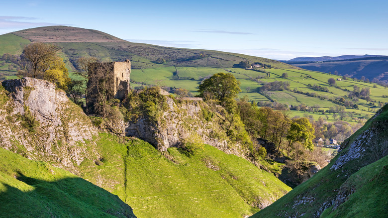 Ruins of Peveril Castle on the hilltop above Castleton in the Peak District National Park, England