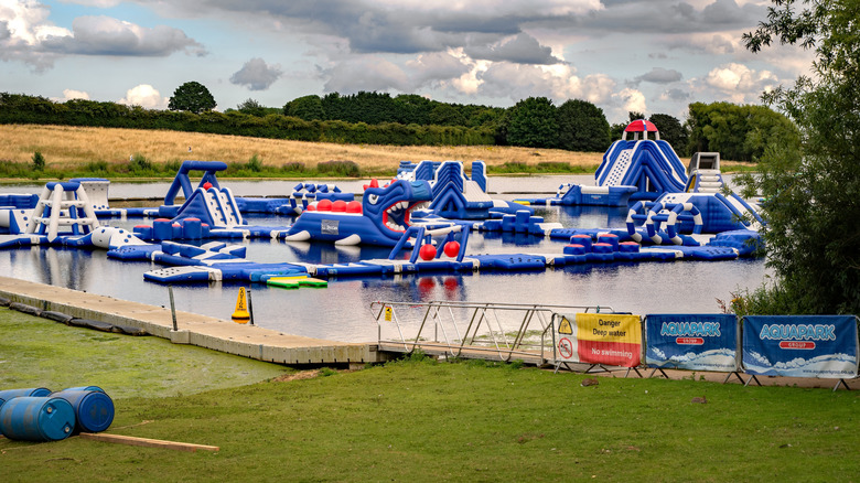 Inflatable obstacles at the Rutland Water Aqua Park in England