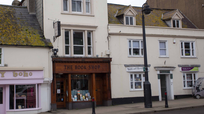 The wooden entrance to The Book Shop in Bridport, England