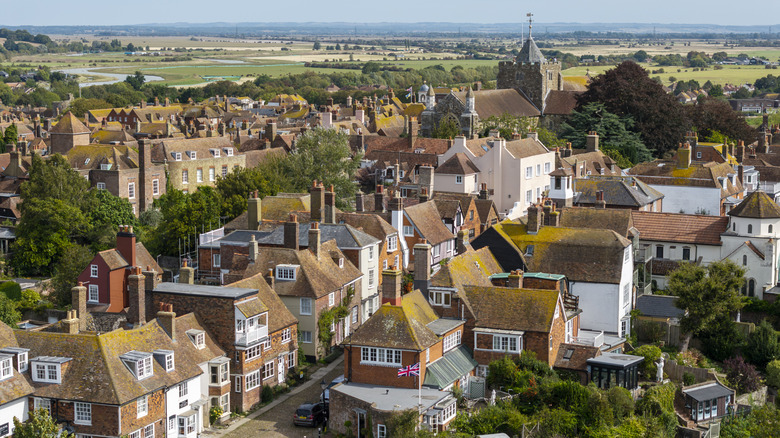 Aerial view of buildings and rooftops of historic Rye, England