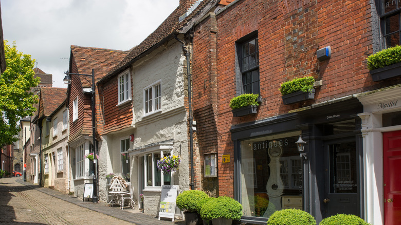 Brick storefronts for antique shops along Lombard Street in Petworth, England