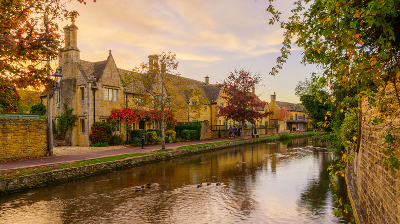 Ducks paddle on a placid river fringed by stone cottages at sunset in Bourton-on-the-Water