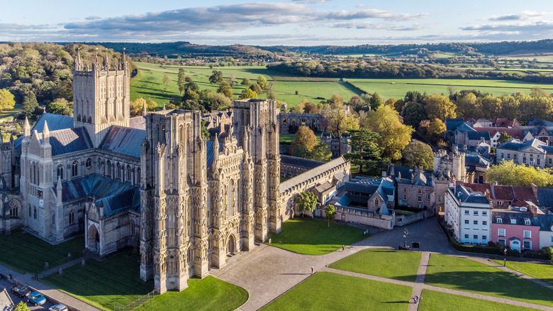 Wells Cathedral and its ornate facade in Wells, Somerset, England