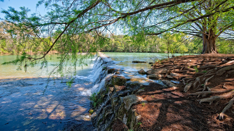 Blanco River flowing over the impoundment at Blanco State Park in Texas