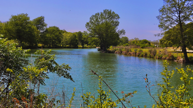 Blanco River at Blanco State Park in Texas under a purple-blue sky