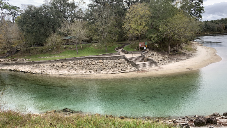An observation deck looks out over the confluence of Little River Springs and the Suwannee River.