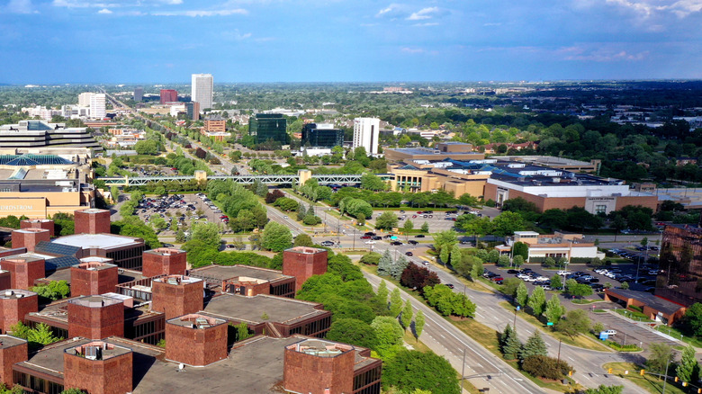 An aerial view of Troy, Michigan's skyline