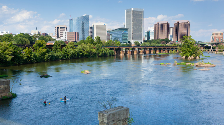 Paddleboats and kayaks on the James River in Richmond, Virginia