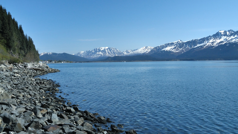 The rocky shorelines and distant mountains viewed from Resurrection Bay