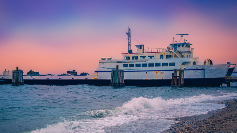 A ferry on the dock at the Orient Point Ferry Terminal in New York