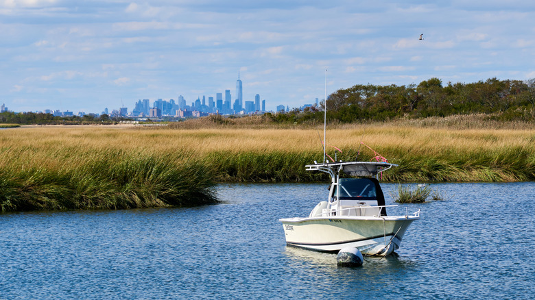 A boat in a bay of Broad Channel, Queens with the NYC skyline visible