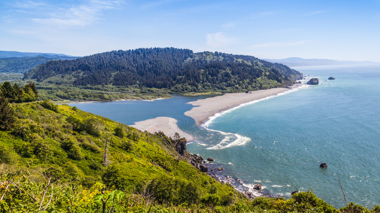 View of the Klamath River flowing into the Pacific Ocean