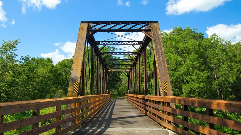 A metal bridge across a river surrounded by trees