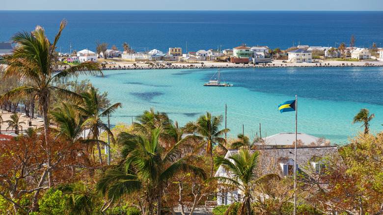 Beaches and houses along the coast of Governor's Harbour in the Bahamas