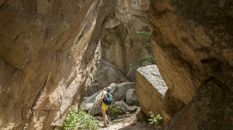 hiker staring up at looming canyon walls