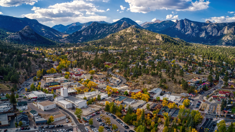 aerial view of Estes Park with mountains in the background