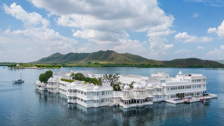 Aerial view of Taj Lake Palace, Udaipur in India