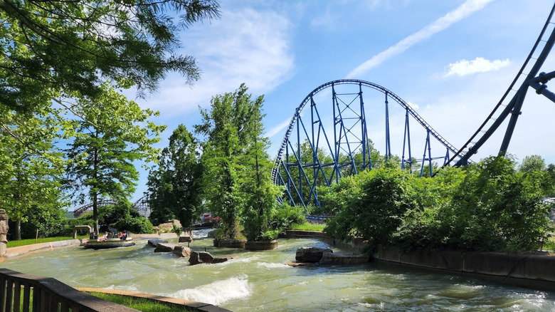 View of the roller coaster through the river rafting ride at Six Flags St. Louis, now Mid America Adventure, in Eureka, Missouri