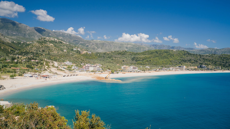 View from a distance of the coast of Golem Beach in Albania