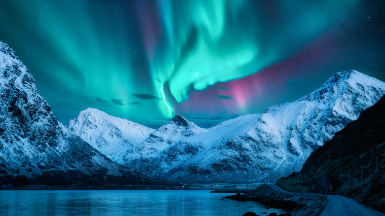 Northern lights over fjord in Lotofen, Norway