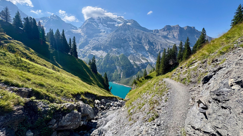 A trail and scenic landscape of the Oeschinensee, Jungfrau-Aletsch, Swiss Alps, Switzerland